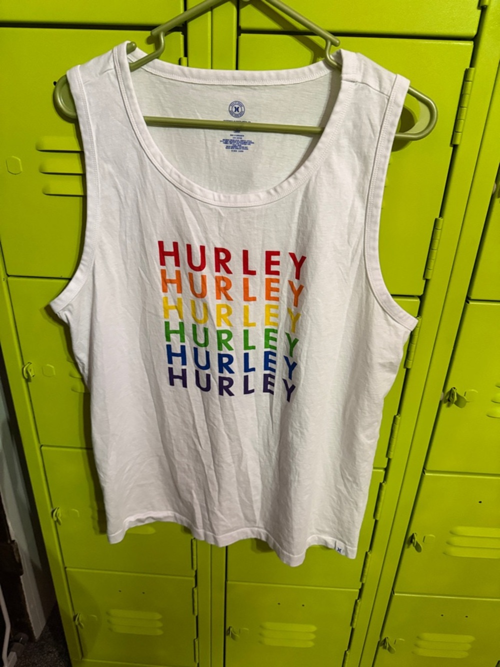 Hurley White Tank with Vertical Rainbow Text